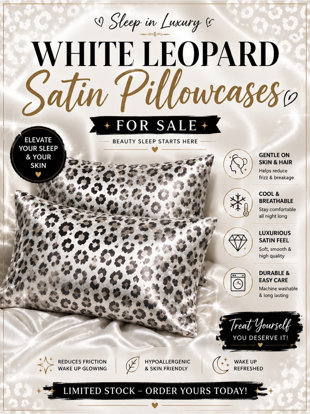 MR&HM White Leopard Print Silk Pillowcases Queen size - Gray on Cream Coloring 🖤